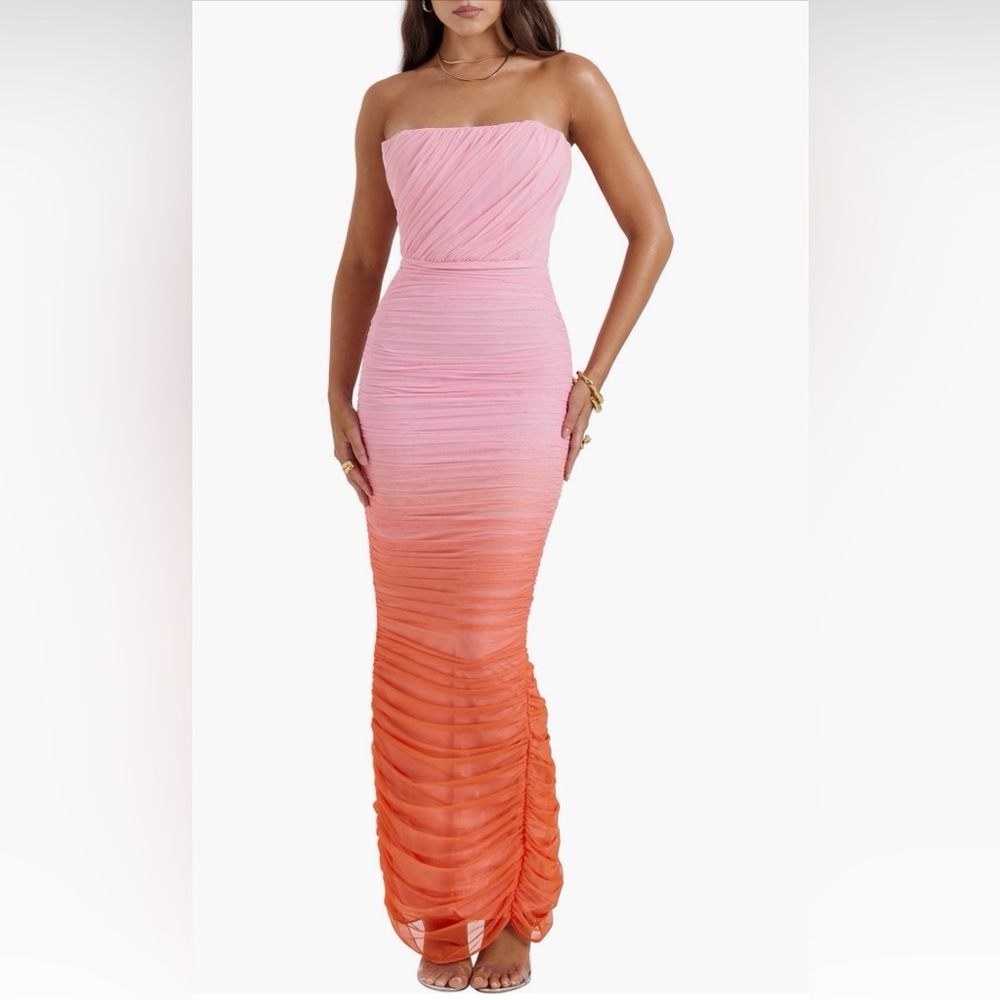 House of CB Gradient color strapless ruched mesh gown